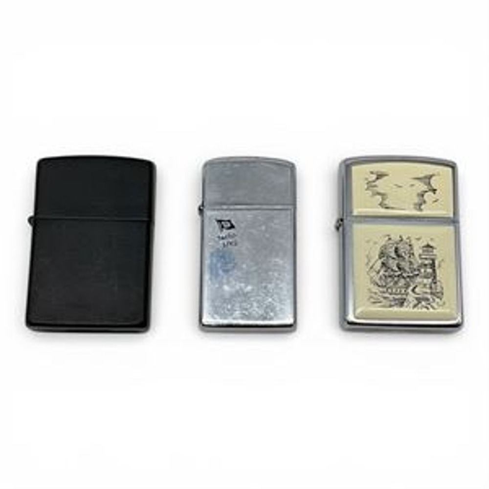 3 Vintage Zippo Lighters | 1962 Daido Line / 1989 Scrimshaw Ship / Matte Black
